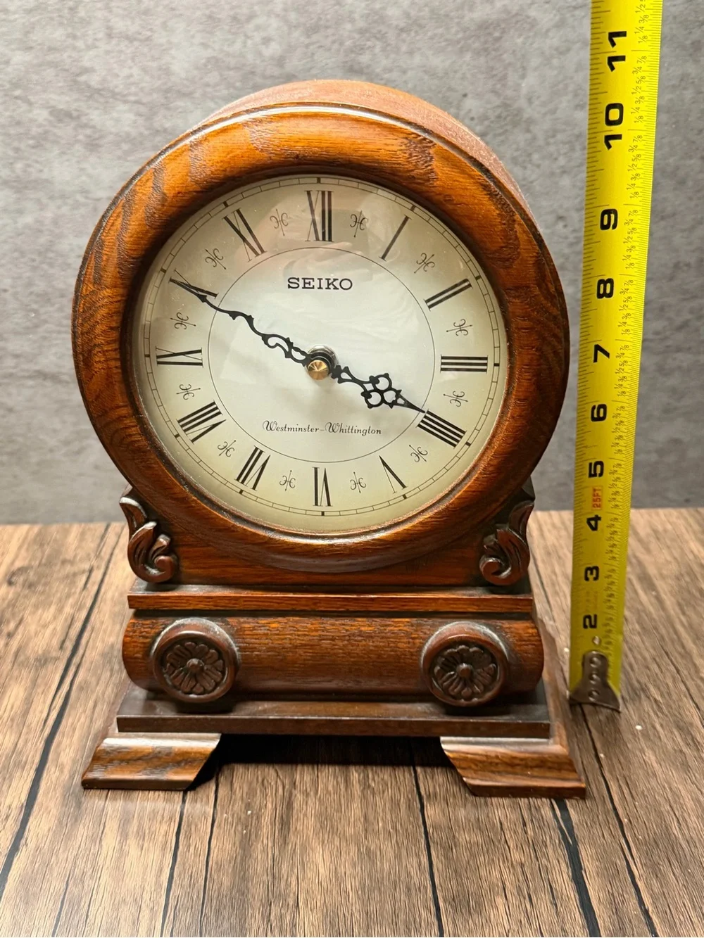 Seiko Brown Wood Carved Mantel Clock with Roman Dial